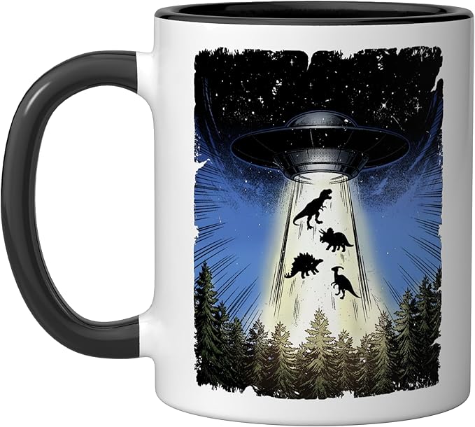 UFO Dinosaur Alien Abduction Flying Saucer Conspiracy Ceramic Mug, Black/White