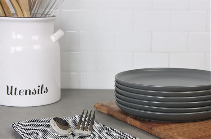 Double Line 10.5" Dinner Plate, Set of 6, Matte Gray