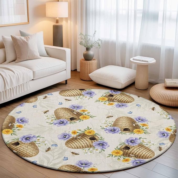 Washable Round Area Rug Garden Beehives Honeybees Circle Rugs Floor Carpet for Living Room Bedroom, Country Purple Floral Soft Non Slip Round Rug 3ft