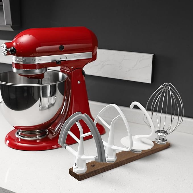 Stand Mixer Attachment Holder, Wood Wall Mounted Holder with 4-Pack Plastic Hangers, Kitchen Accessories Storage Organizer Parts Compatible with Kitchenaid Mixer Attachments for Space-saving, Walnut