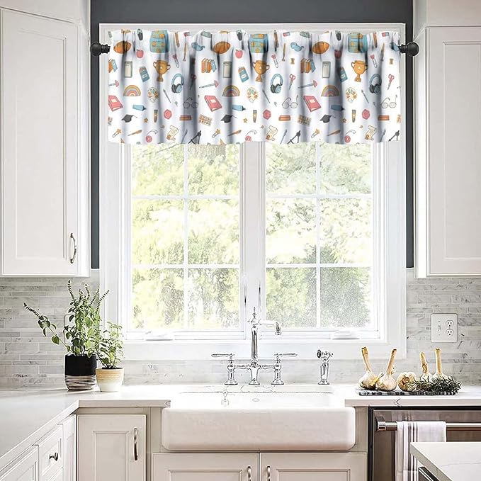 School Supplies Valance, Back to School Education Tools Short Rod Pocket Window Treatment for Kitchen Bedroom Study Room Classroom, 54x18Inch