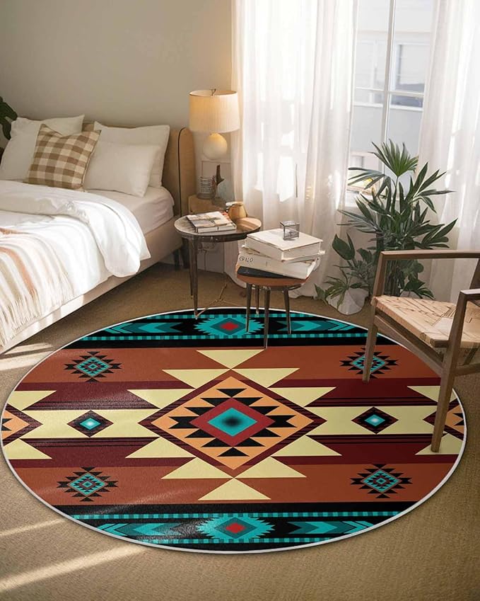 Round Area Rug,Aztec Ethnic Style Color Block Circle Living Room Rug Non-Slip Rugs Indoor Carpet,Abstract Geometric Native American Soft Comfort Rugs for Bedroom KidsRoom Nursery