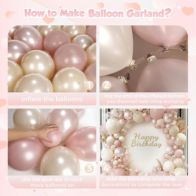 Boho Dusty Pink Balloon Arch Garland Kit 153pcs, Double Stuffed White Pearl Balloon Blush Neutral Pink Balloons Arch Kit for Birthday Wedding Bridal Baby Shower Gender Reveal Party Decoration