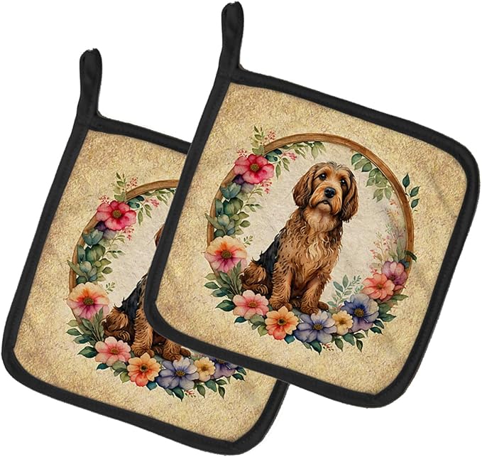 Caroline's Treasures Otterhound and Flowers Pair of Pot Holders Kitchen Heat Resistant Pot Holders Sets Oven Hot Pads for Cooking Baking BBQ, 7 1/2 x 7 1/2