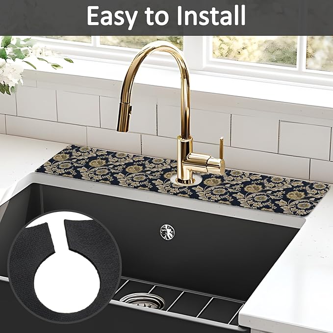 24" X 5.5" Kitchen Sink Splash Guard Faucet Mat Floral Flower Super Absorbent Fast Drying Faucet Guard & Draining Mat Sink Splash Guard Behind Faucet for Kitchen, Bathroom
