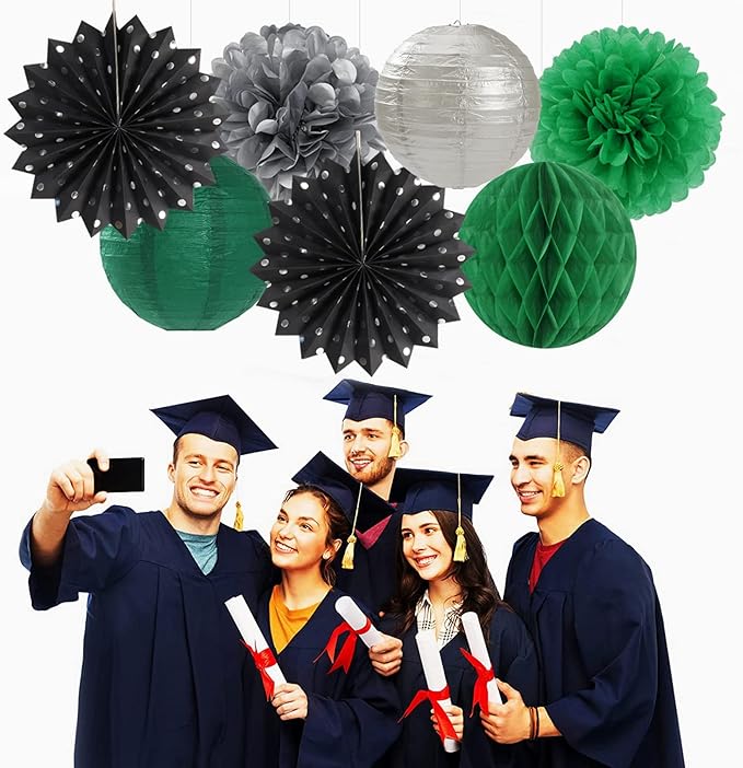 Black-Green Silver Party-Decorations Streamers Lanterns - 14pcs Graduation 2026 Paper Lanterns Fan,Tissue Pom Poms Streamer,Honeycomb Balls,Soccer Supplies Men Boys Birthday Baby Shower Decor Ouruola
