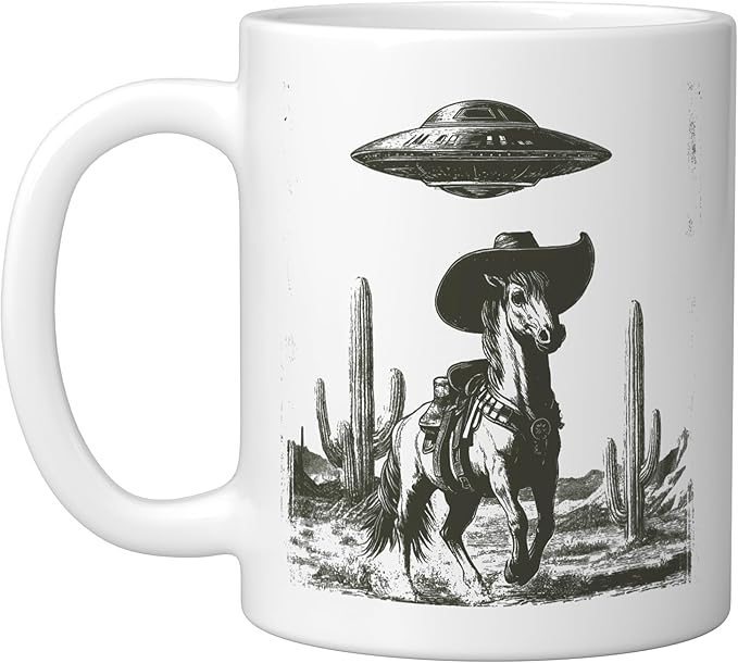 Funny Alien UFO Cowboy Horse Desert Cactus Western Graphic Ceramic Mug, White