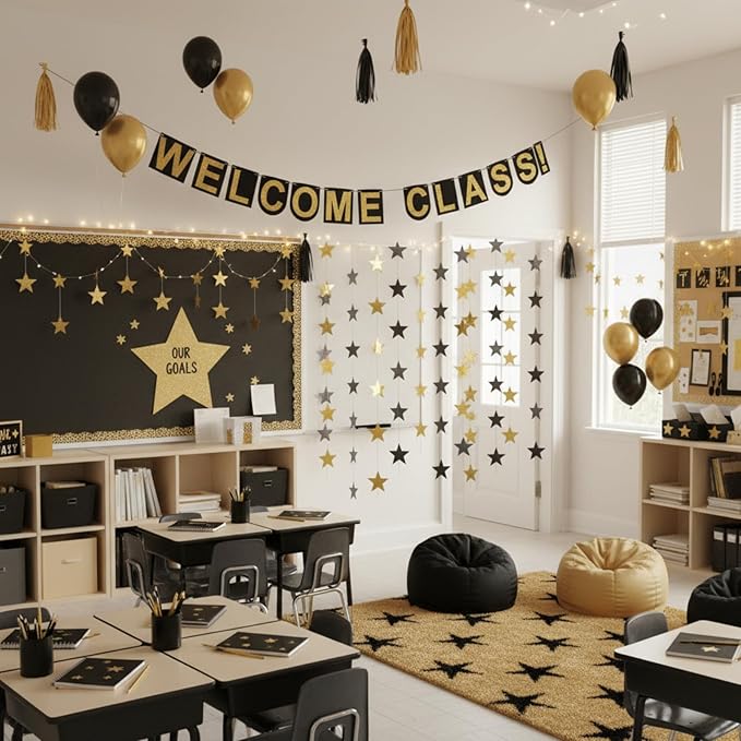 Patelai 130 Feet Glitter Star Garland Banner 2026 Party Decoration Double Side Star Hanging String Streamer Paper Twinkle for Graduation Wedding Birthday (Gold and Black)