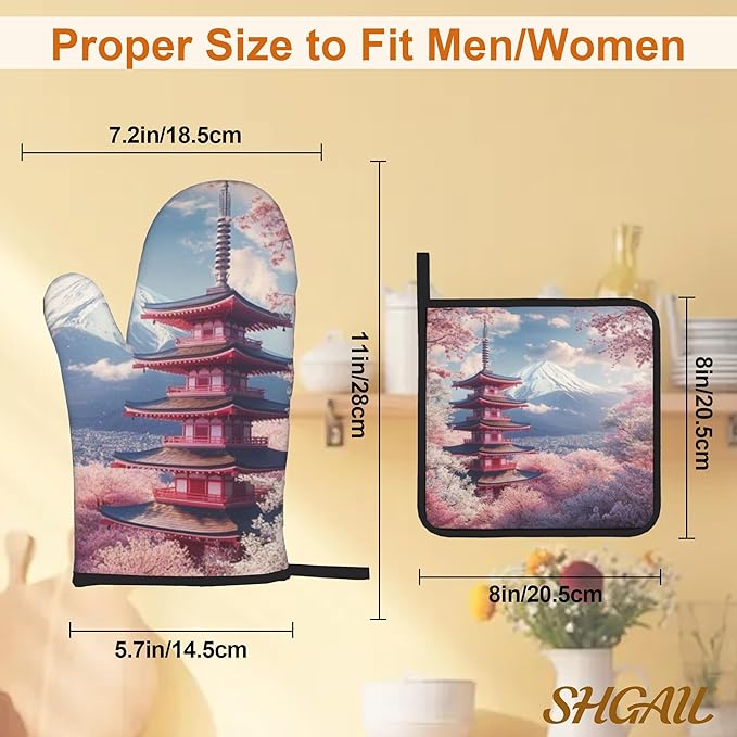 Cherry Blossom Mount Fuji Oven Mitts & Potholder Set of 4 - Heat Resistant Kitchen Gloves Hot Pads for Baking, Cooking, Gifts for Women