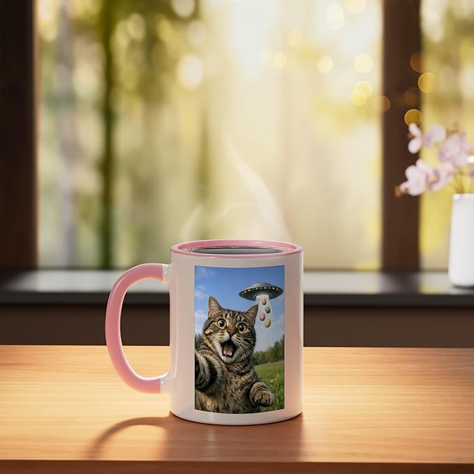 Funny Cat Selfie with Easter Eggs UFO for Men Women Kids Ceramic Mug, Pink/White