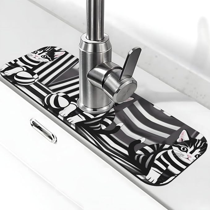 Black and White Striped Kitten Printed Faucet Absorbent mat, Suitable for bathrooms, Kitchens, and Other Sink Areas.