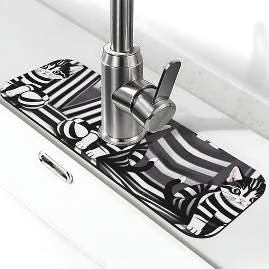 Black and White Striped Kitten Printed Faucet Absorbent mat, Suitable for bathrooms, Kitchens, and Other Sink Areas.