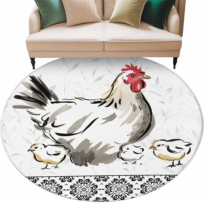 Washable Round Area Rug Country Farmhouse Rooster Circle Rugs Floor Carpet for Living Room Bedroom, Watercolor Animal Flower Pattern Soft Non Slip Round Rug 5ft