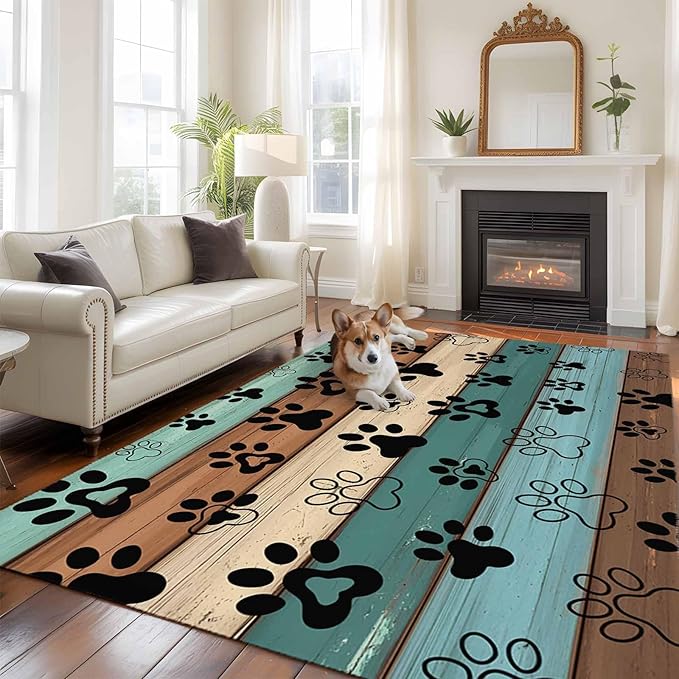 Area Rug 6x9ft, Farm Brown Wood Board Washable Rugs for Living Room Bedroom, Dog Paw Print Animal Footprint Soft Non-Slip Area Rugs Rectangle Floor Carpet for Dining Room