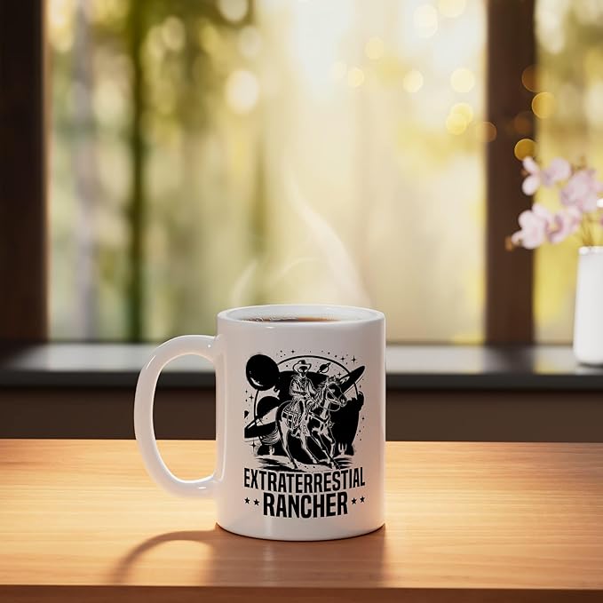 Alien Lover Flying Saucer UFO Extraterrestrial Cowboy Ceramic Mug, White
