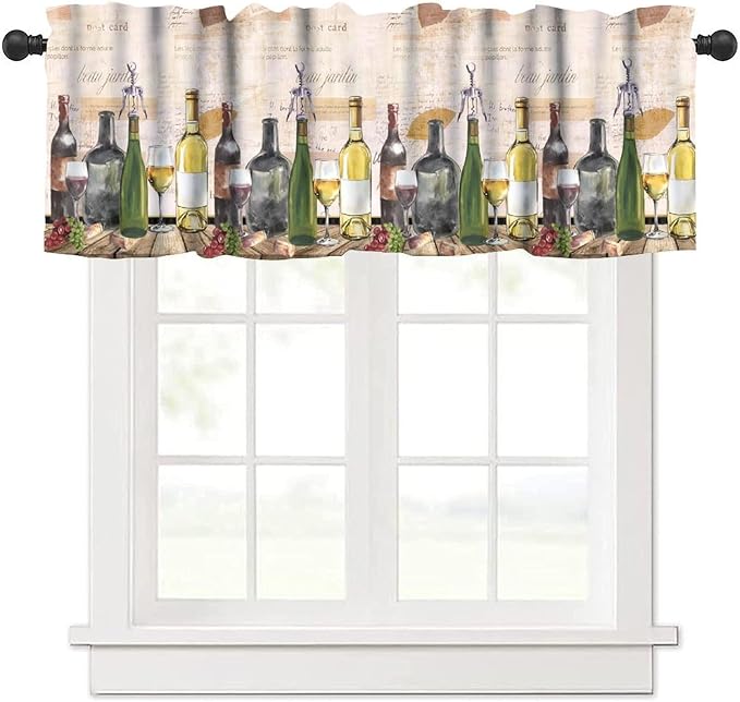 Vintage Red Wine Valance, French Country Wine and Grapes Rustic Farmhouse Short Window Treatment for Kitchen Dining Room Bedroom Home Bar, 54x18Inch
