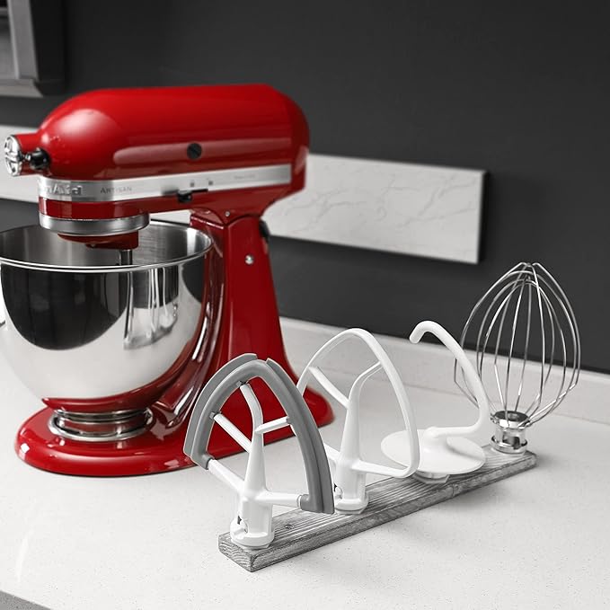 Stand Mixer Attachment Holder, Wooden Wall Mounted Holder with 4-Pack Plastic Hangers, Kitchen Accessories Storage Organizer Parts Compatible with Kitchenaid Mixer Attachments for Space-saving
