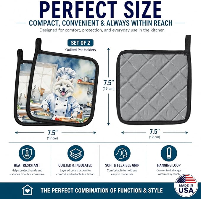 Caroline's Treasures American Eskimo The Chef Pair of Pot Holders Kitchen Heat Resistant Pot Holders Sets Oven Hot Pads for Cooking Baking BBQ, 7 1/2 x 7 1/2