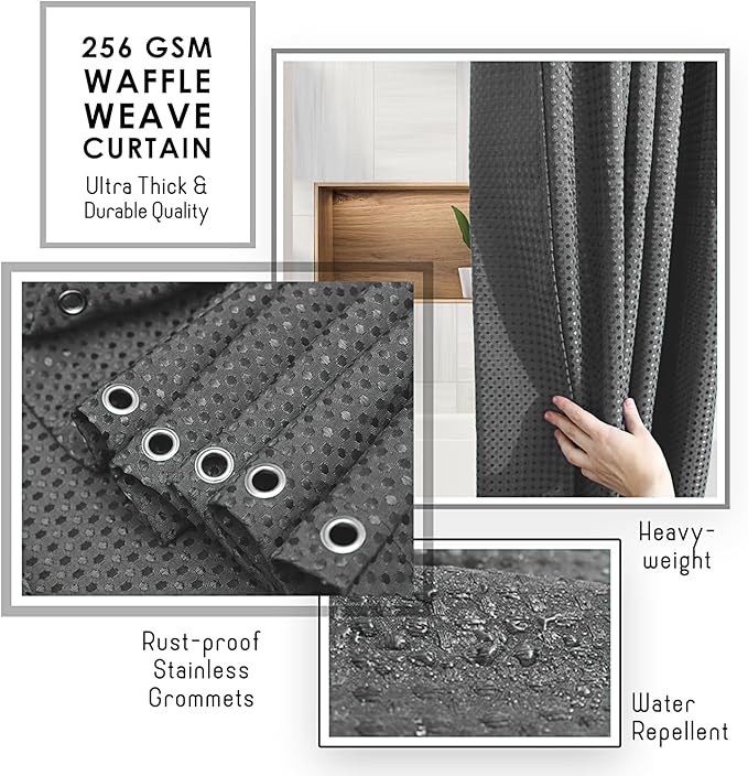 Clara Clark Grey Shower Curtain Set with Black Shower Caddy Hanging - Fabric Shower Curtains and Stainless Steel Shower Caddies, Bathroom Shower Curtain Sets with Corner Shower Caddy Dorm