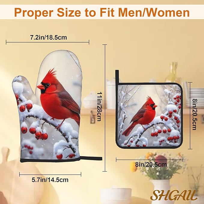 Red Bird Pattern Oven Gloves and Hot Pads Set - Heatproof Hand Protection for Baking, Grilling, Cooking 4Pcs
