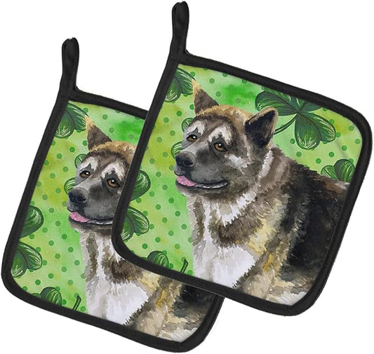 Caroline's Treasures BB9843PTHD American Akita St Patrick's Pair of Pot Holders, Green Kitchen Heat Resistant Pot Holders Sets Oven Hot Pads for Cooking Baking BBQ, 7 1/2 x 7 1/2