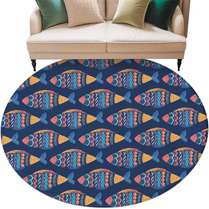 Washable Round Area Rug Ethnic Style Ocean Fish Circle Rugs Floor Carpet for Living Room Bedroom, Watercolor Marine Life on Navy Blue Soft Non Slip Round Rug 5ft
