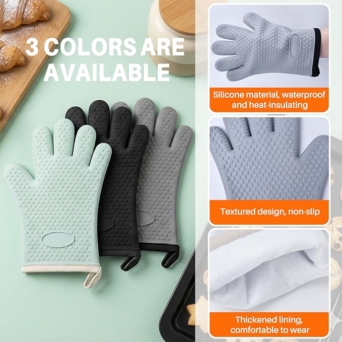 2Pack Silicone Oven Gloves with Fingers - Heat Resistant, Flexible Non-Slip Oven Mitts for Hot Pans, Easy to Clean Waterproof Kitchen Mittens for Baking(Grey)