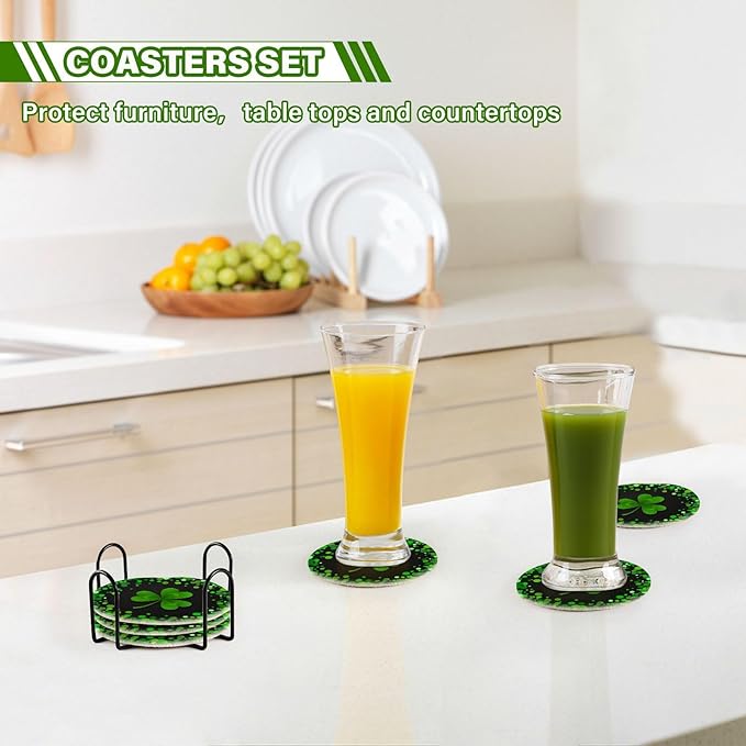 YETTASBIN St. Patrick's Day Shamrock 6 Pcs Drink Coasters with Holder, Cotton Woven Absorbent Heat-Resistant Round Coaster Non-Slip Table Mat for Kitchen Bar Home Decor Housewarming Gift, 3.9 in