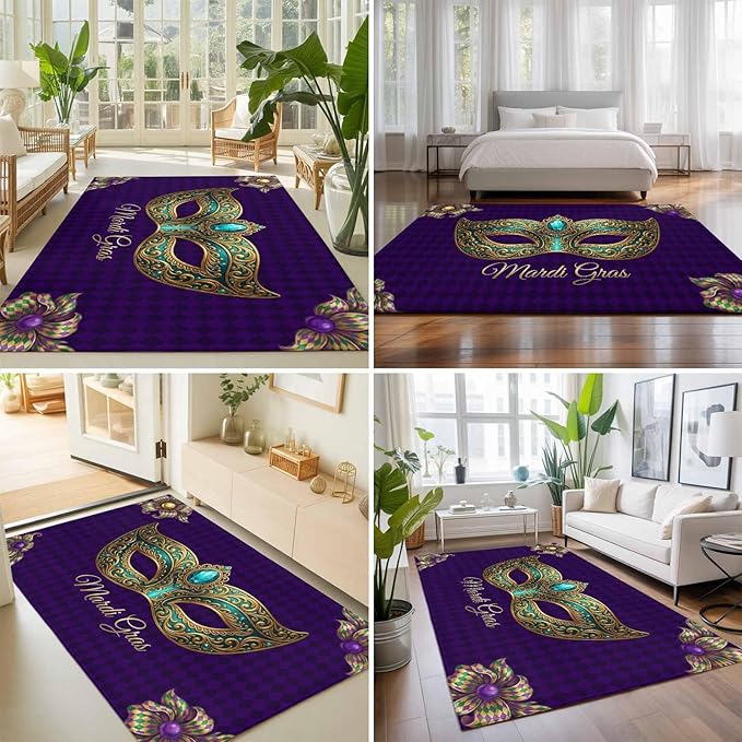 Area Rug 8x10ft, Mardi Gras Mask Purple Plaid Washable Rugs for Living Room Bedroom, Abstract Blossom Floral Soft Non-Slip Area Rugs Rectangle Floor Carpet for Dining Room