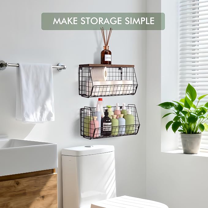 Wall Storage Hanging Baskets 2 PACK - Wooden Top Wire Basket Organizers & S Hooks - Assemble Floating Shelf Racks for Pantry Kitchen Office Bathroom Garage Organization (Extra Large)