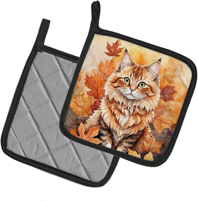 Caroline's Treasures Skookum Cat in Fall Leaves Pair of Pot Holders Kitchen Heat Resistant Pot Holders Sets Oven Hot Pads for Cooking Baking BBQ, 7 1/2 x 7 1/2