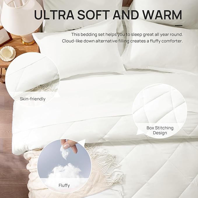 Love's cabin King Size Comforter Set Ivory, 7 Pieces King Bed in a Bag, All Season Bedding Sets with 1 Comforter, 1 Flat Sheet, 1 Fitted Sheet, 2 Pillowcase and 2 Pillow Sham | Soft, Breathable, Lightweight, Comfortable