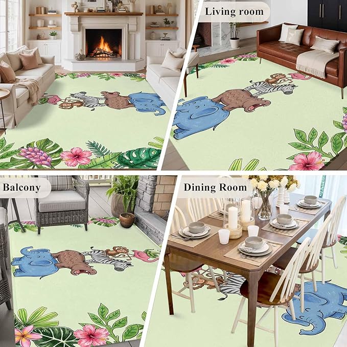 Area Rug 6x9ft, Funny Elephant Zebra Flamingo Washable Rugs for Living Room Bedroom, Tropical Leaves Floral Soft Non-Slip Area Rugs Rectangle Floor Carpet for Dining Room