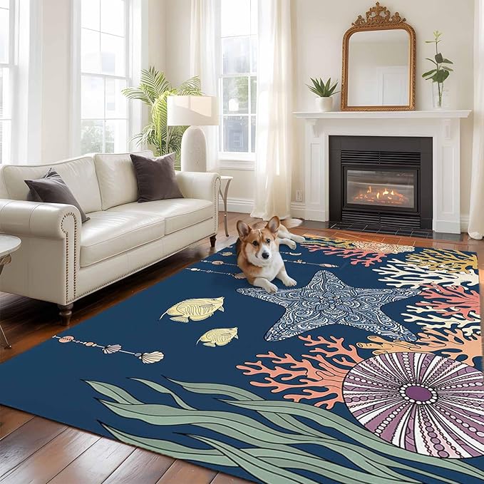 Area Rug 8x10ft, Ocean Starfish Coral Fish Washable Rugs for Living Room Bedroom, Underwater Creature on Navy Blue Soft Non-Slip Area Rugs Rectangle Floor Carpet for Dining Room