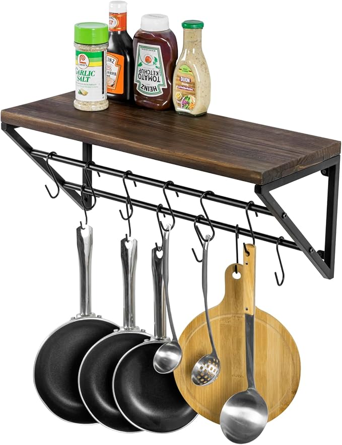 MyGift Urban Industrial Burnt Solid Wood Kitchen Floating Shelf with Black Metal Brackets for Pots and Pans with 12 S-Hooks Utensil Hanger, Wall Mounted Storage Display Shelving