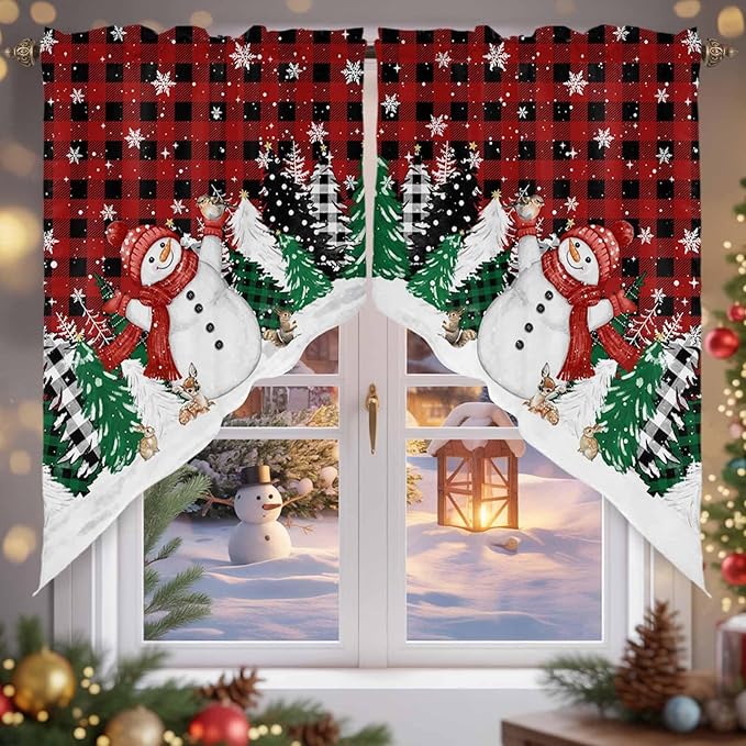 Christmas Snowman Swag Valance Curains Winter Xmas Tree Snowflakes Red Black Plaid Rod Pocket Kitchen Curtains Scalloped Window Treatment Valances Swag for Living Room Bedroom, 1 Pair, 36"W x 45"L