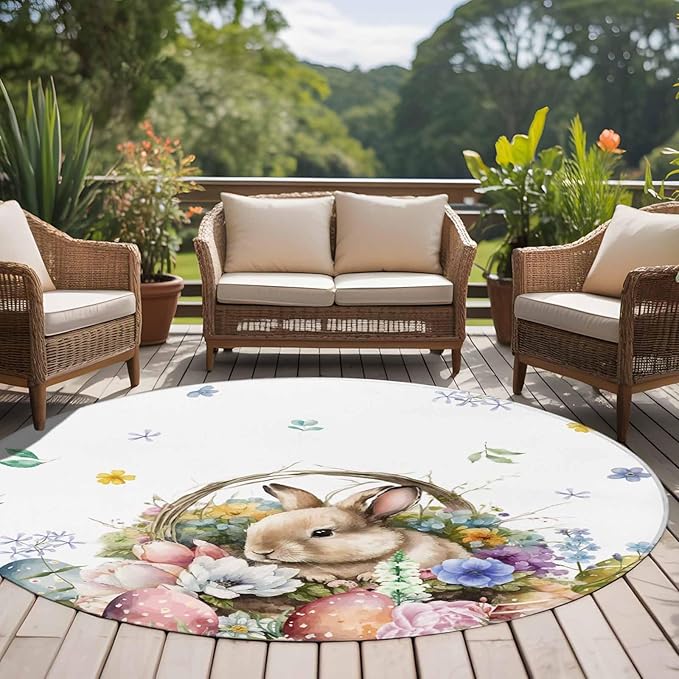 Washable Round Area Rug Easter Egg Spring Flower Cute Rabbit Circle Rugs Floor Carpet for Living Room Bedroom, Blossom Floral on White Soft Non Slip Round Rug 5ft