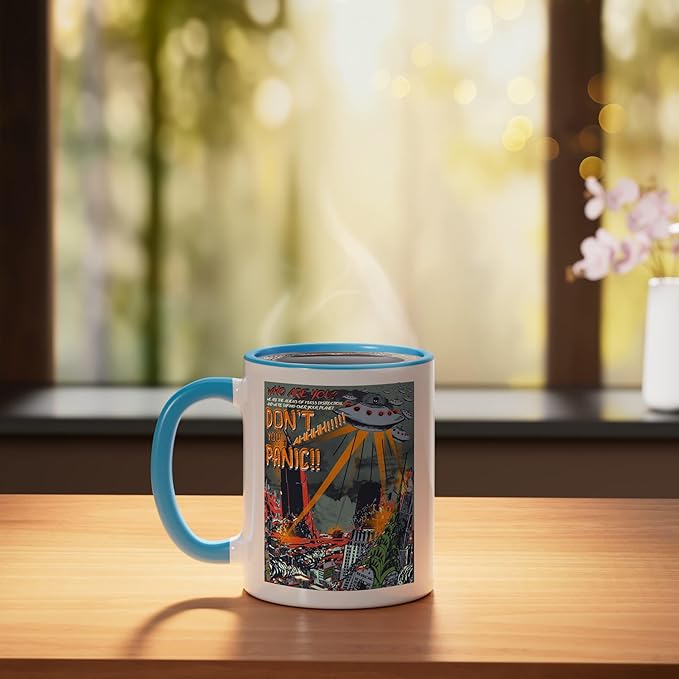 UFO Flying Saucer Invasion 1950s Sience Fiction Abduction Ceramic Mug, Blue/White