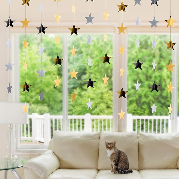 Patelai 78 Feet Glitter Star Garland Banner 2026 Party Decoration Double Side Star Hanging String Streamer Paper Twinkle for Graduation Wedding Birthday (Gold and Silver)