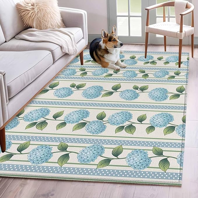 Area Rug 4x6ft, Spring Blue Flower Hydrangea Leaf Washable Rugs for Living Room Bedroom, Floral Stripes on Linen Soft Non-Slip Area Rugs Rectangle Floor Carpet for Dining Room