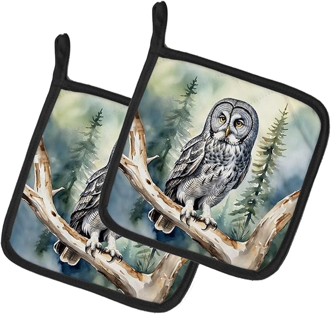 Caroline's Treasures Great Gray Owl Pair of Pot Holders Kitchen Heat Resistant Pot Holders Sets Oven Hot Pads for Cooking Baking BBQ, 7 1/2 x 7 1/2