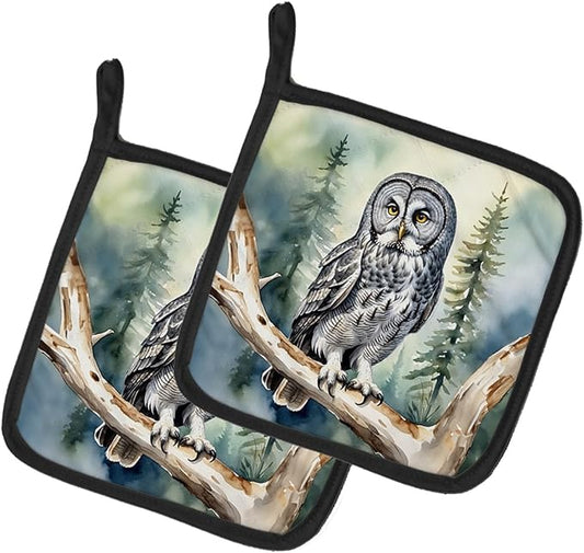 Caroline's Treasures Great Gray Owl Pair of Pot Holders Kitchen Heat Resistant Pot Holders Sets Oven Hot Pads for Cooking Baking BBQ, 7 1/2 x 7 1/2
