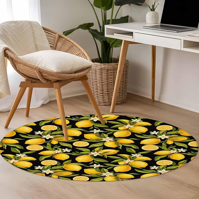 Washable Round Area Rug Summer Lemon Flower Circle Rugs Floor Carpet for Living Room Bedroom, Plant on Black Soft Non Slip Round Rug 3ft
