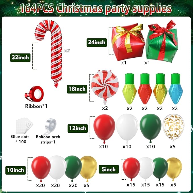 164Pcs Christmas Balloon Arch Garland Kit Xmas Red White Green Gold Latex Balloons Light Bulb Candy Cane Gift Box Foil Balloons Arch Kit for Christmas New Year Party Birthday Party Decorations