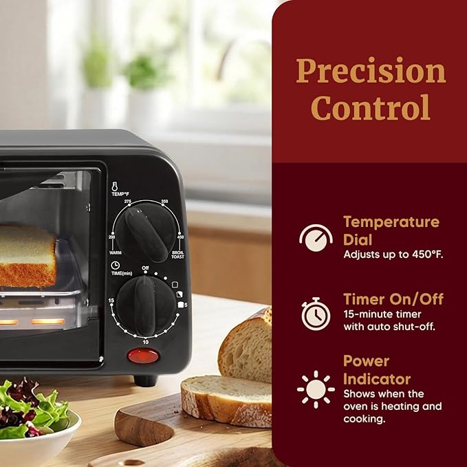 Elite Gourmet ETO236 Personal Compact 2 Slice Countertop Toaster Oven with 15 Minute Timer & Adjustable Temperature, Bake, Broil, & Toast, Black