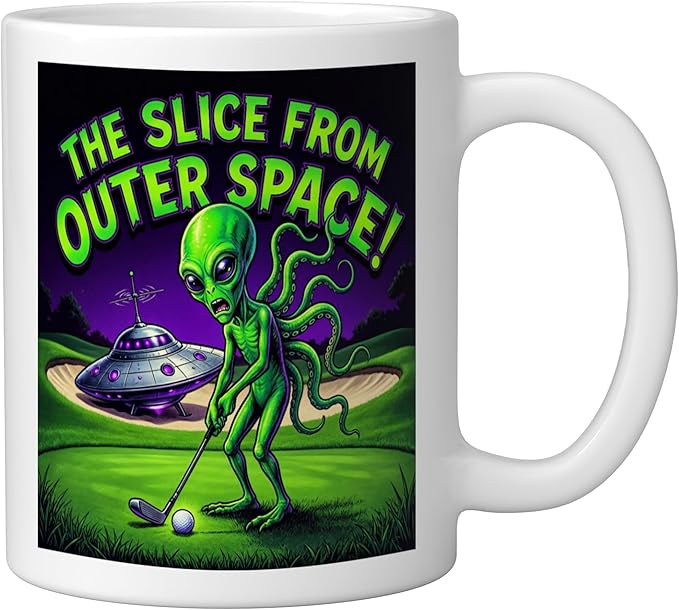 Funny Golfing Alien The Slice From Outer Space Retro UFO Ceramic Mug, White