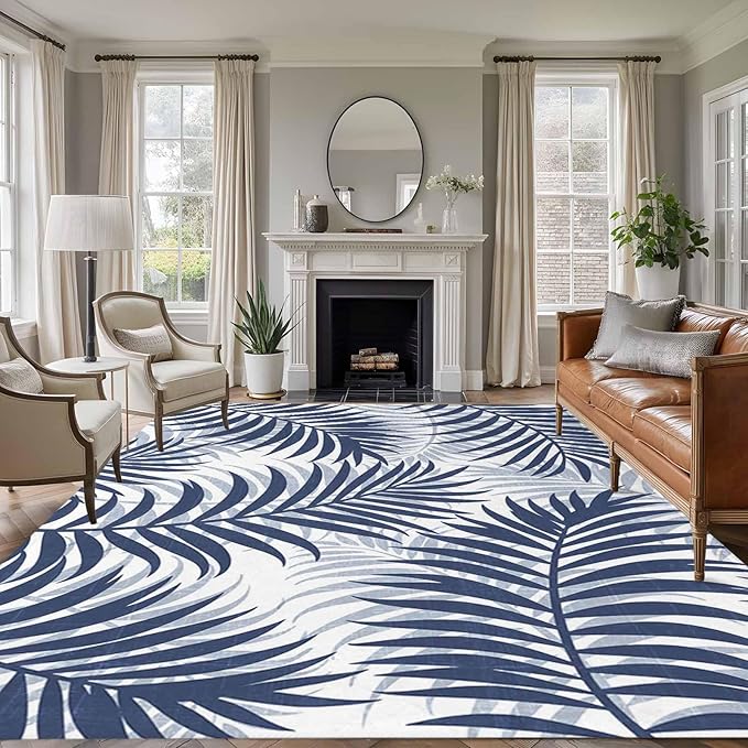 Area Rug 9x12ft, Abstract Navy Blue Palms Leaves Washable Rugs for Living Room Bedroom Rectangle Floor Carpet, Summer Botantical Soft Non-Slip Area Rugs for Dining Room