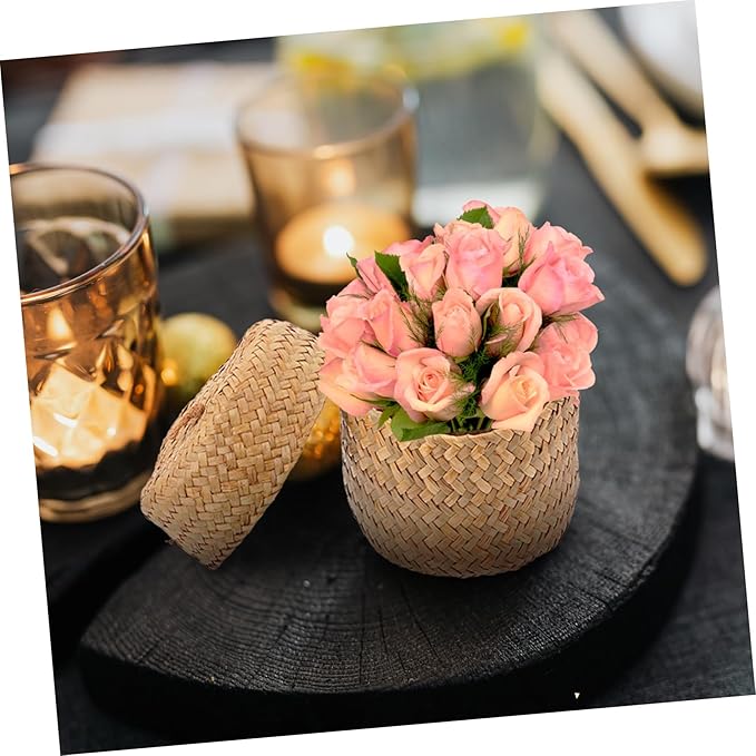 Mini Handmade Woven Flower Basket Box with Lid Seagrass Decorative Storage Basket for Home Decor and Organizing Essentials