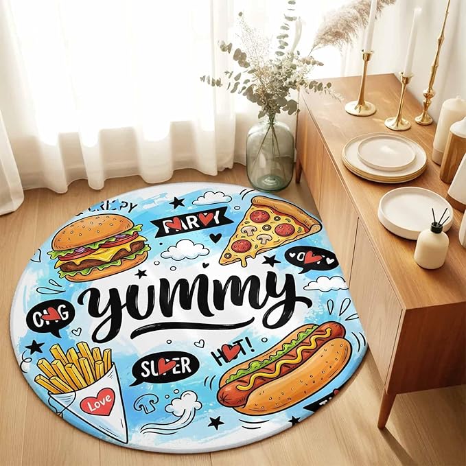 Washable Round Area Rug Cartoon Food Abstract Graffiti Circle Rugs Floor Carpet for Living Room Bedroom, Blue Sky with Clouds Soft Non Slip Round Rug 3ft