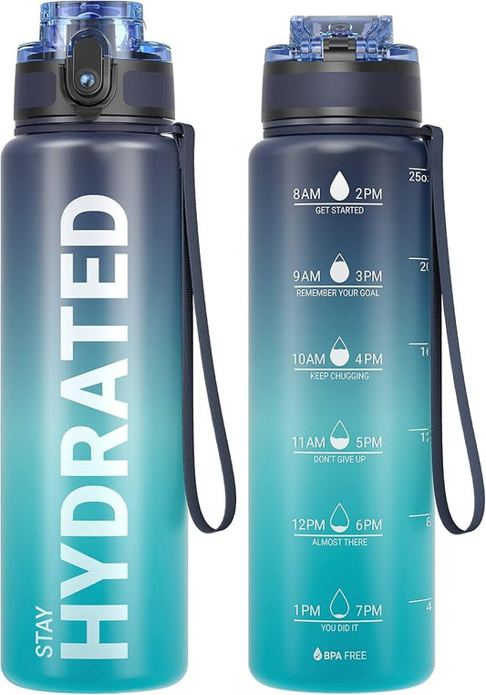 Sahara Sailor Water Bottle, 32/25/17oz Durable and Leakproof Water Bottles Motivational with Time Marker, Tritan, BPA Free, Wide Mouth with Easy Clean Brush for Gym, Travel, School, Office (1 Bottle)